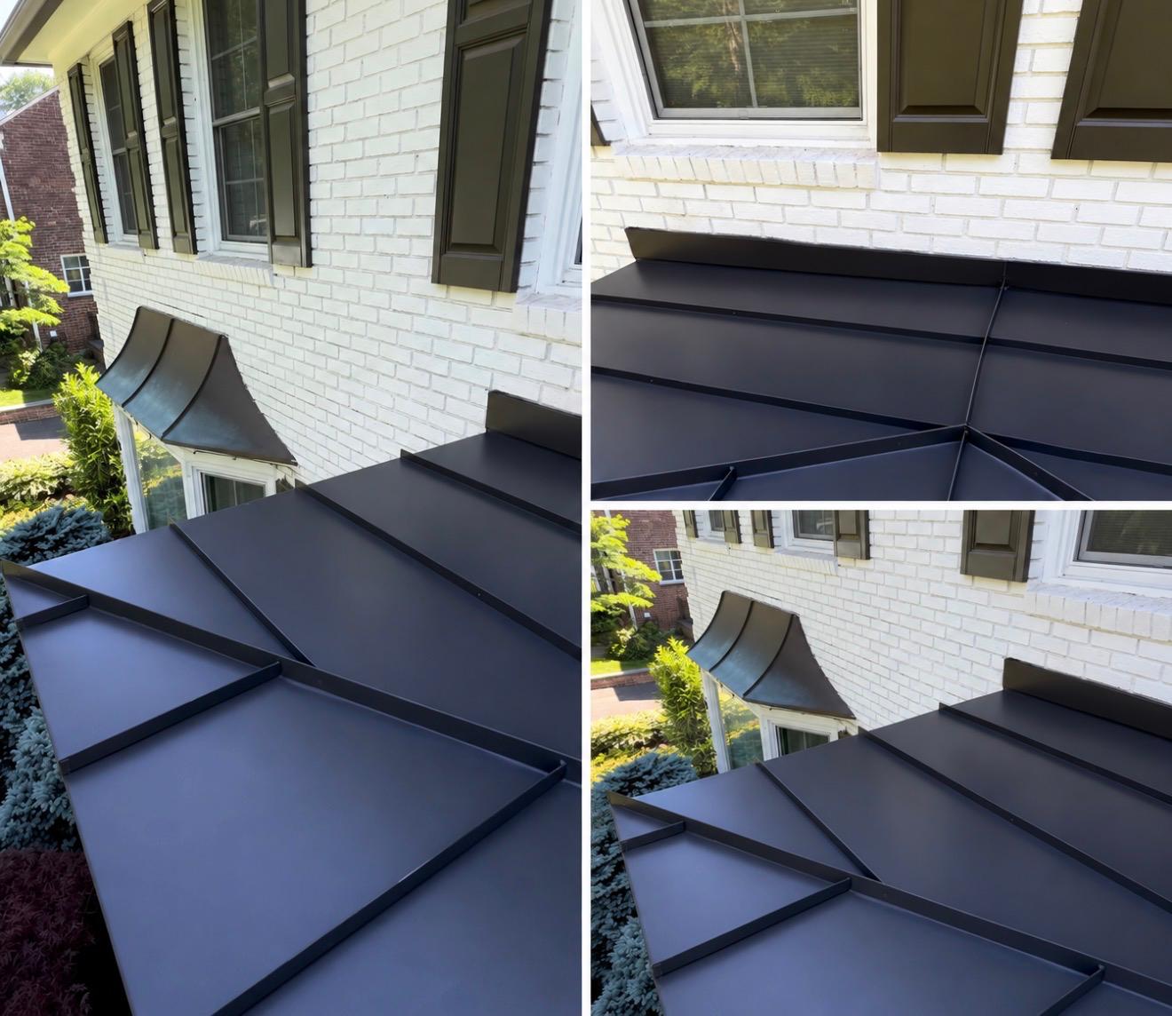 Three views of the dark standing-seam metal roof and the curved metal bay-window hood against the home's painted white brick