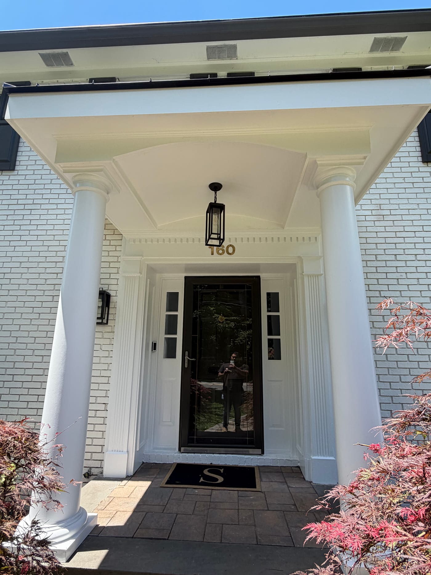 Front entry portico with dentil trim and a Japanese maple in the foreground