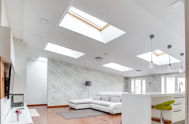 Bright open-plan living room lit from above by four roof skylights set into a vaulted ceiling
